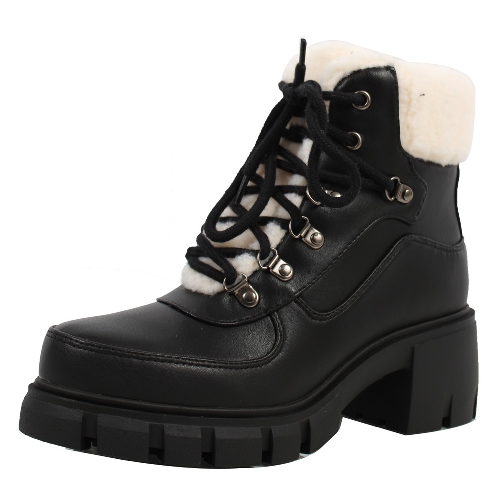 Black Faux Leather Shearling Trim Lug Winter Ankle Bootie